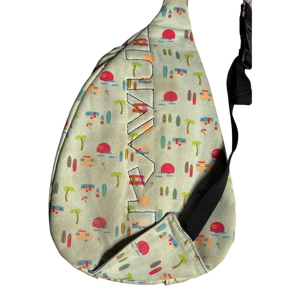 KAVU‎ Rope Bag Sling Backpack Summer Beach Camper Print Canvas Tan Pink Blue